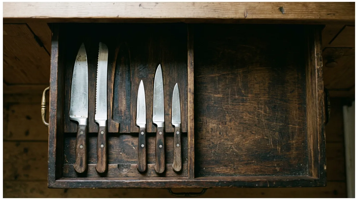 Well-worn kitchen knives lined up in a wooden drawer, evoking the quiet discipline of a working kitchen