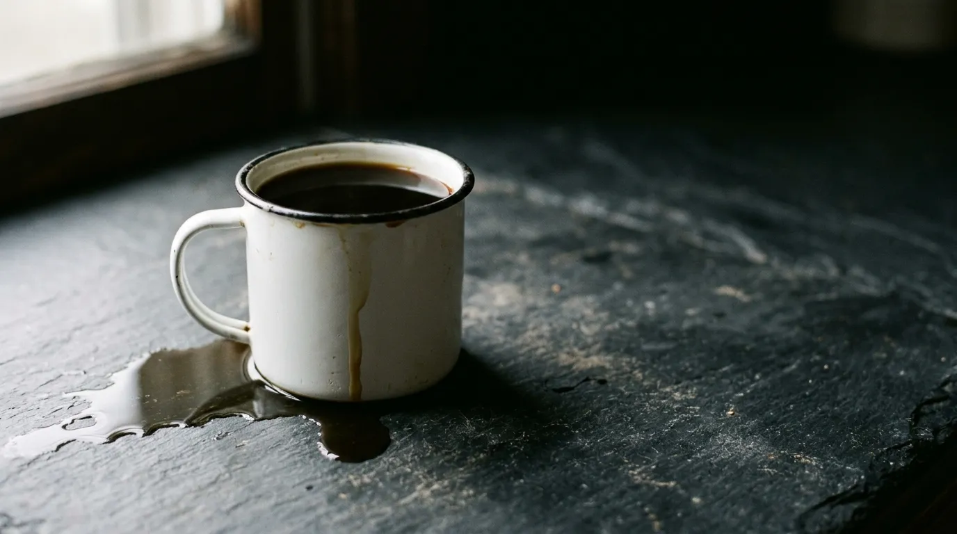A white enamel cup filled with black coffee past its brim, a thin spill running down the side and pooling on dark slate in raking window light