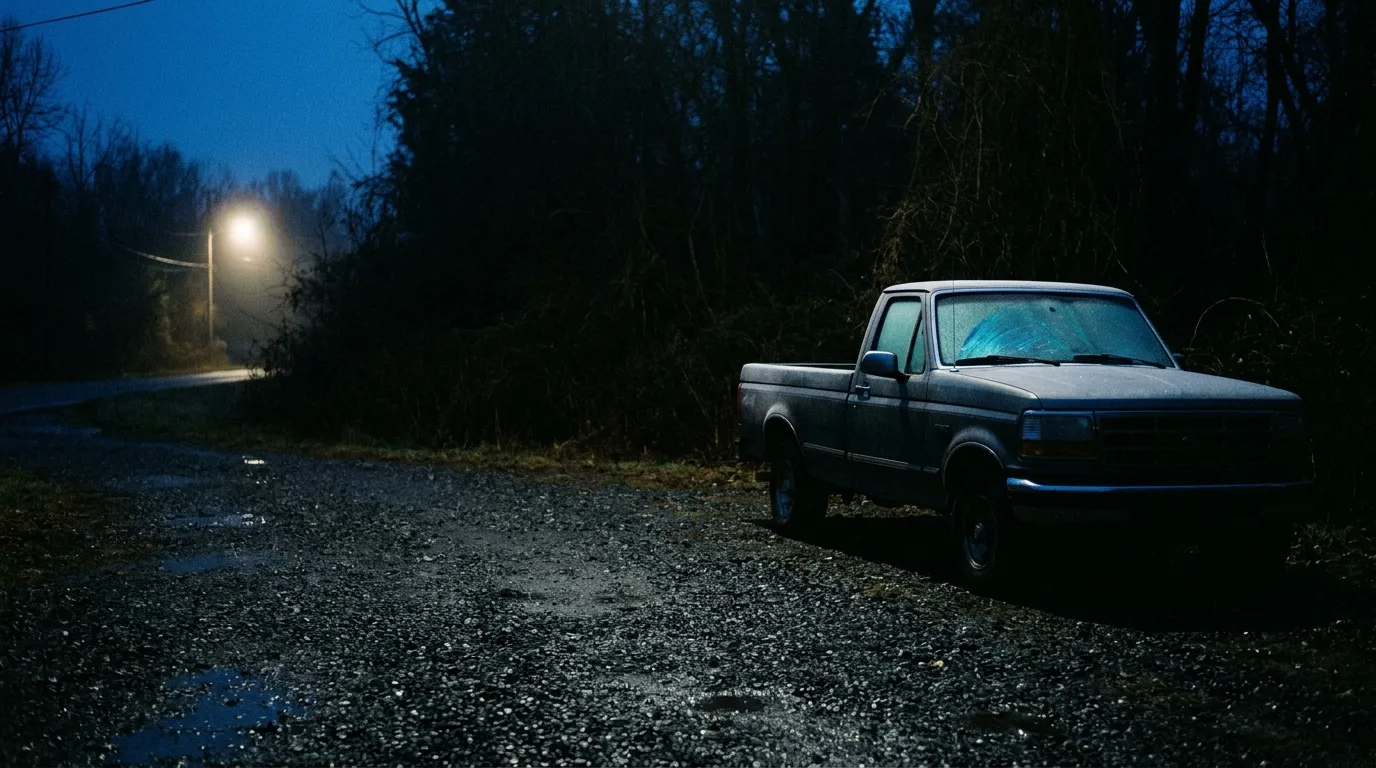 An older pickup truck parked on wet gravel at the edge of a dark treeline before sunrise, frost still on the windshield, a single streetlight down the road