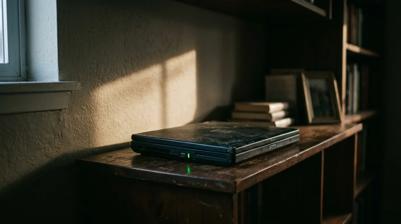 A closed, scuffed gaming laptop on a dark shelf with a single green LED glowing, quiet infrastructure doing invisible work