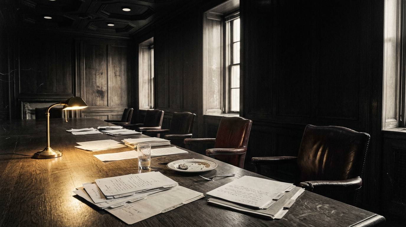 An empty wood-paneled committee room after a long deliberation: oak table, leather chairs pushed back at irregular angles, papers fanned at each seat, a single porcelain plate with crumbs at one place setting, brass desk lamp pooling warm light against deep oxblood shadow.